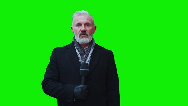 TV Live News Programme: Caucasian Male Presenter Reporting Green Screen Chroma Key Screen Picture. Television Cable Channel Anchor Talks. Network Broadcast Mock-up Playback