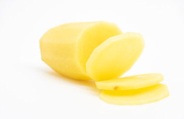 potato round slice without skin over on white background,