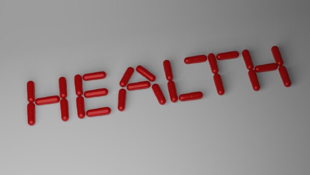 The word "health" is made of red pills. Gray background.