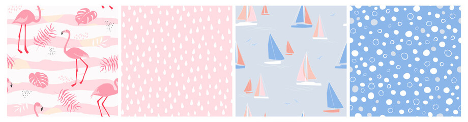 A set of seamless patterns with flamingo birds, palm leaves, the sea and boats with sails. Simple abstract shapes of water droplets and bubbles. Vector graphics. - obrazy, fototapety, plakaty