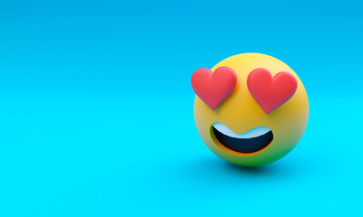 3d illustration - smiley face emoji - love symbol - copy space - blue background - 3d rendering
