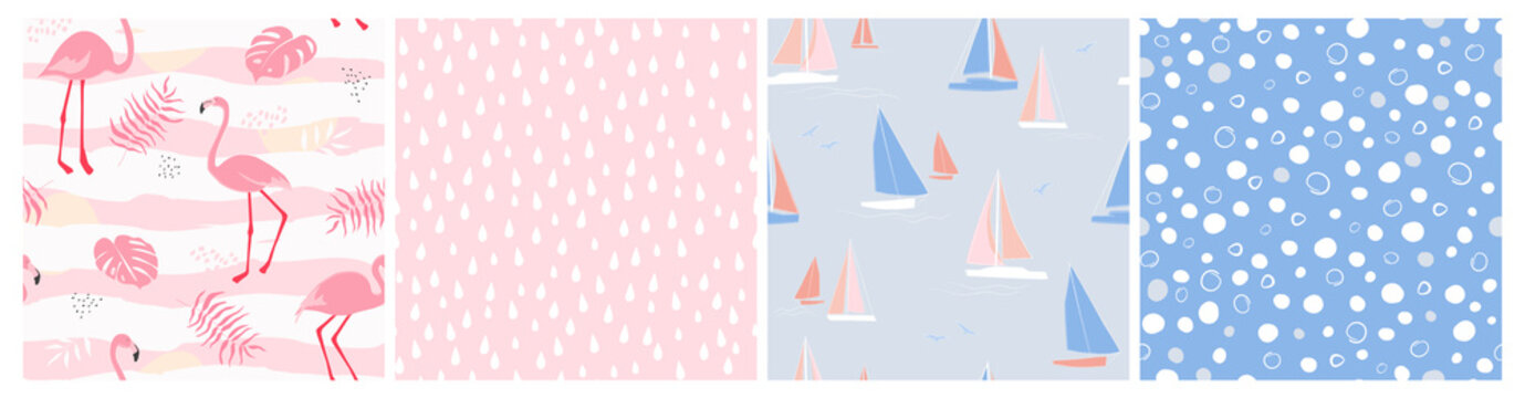 A Set Of Seamless Patterns With Flamingo Birds, Palm Leaves, The Sea And Boats With Sails. Simple Abstract Shapes Of Water Droplets And Bubbles. Vector Graphics.