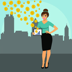 A woman sells or buys bitcoins. Sale and purchase of cryptocurrency. Big city money. Flat design. Isolated object. Vector illustration.