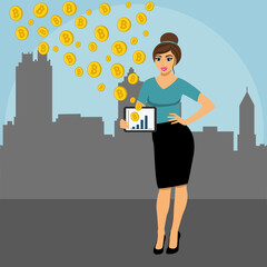 A woman sells or buys bitcoins. Sale and purchase of cryptocurrency. Isolated object.