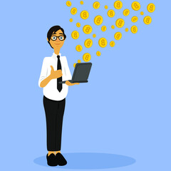 A man sells or buys bitcoins. Sale and purchase of cryptocurrency. Flat design. Isolated object. Vector illustration.