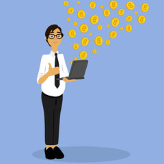 A man sells or buys bitcoins. Sale and purchase of cryptocurrency.