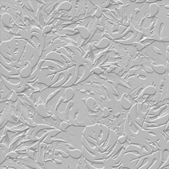 White textured 3d floral seamless pattern. Leafy embossed style vector background. Grunge rough repeat backdrop. Beautiful relief tropical ornament with surface emboss leaves, Paisley flowers