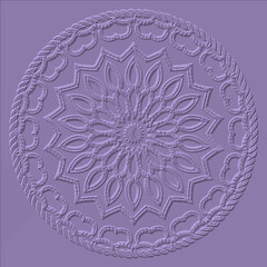 Tapestry style floral round 3d mandala pattern. Textured embroidery lilac vector background. Repeat emboss beautiful vector backdrop. Embossed surface flowers, frame, ropes. Relief circle ornament