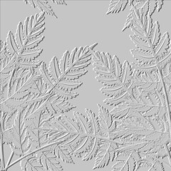 Fototapeta na wymiar Textured 3d fern leaves seamless pattern. Embossed ornamental floral background. Repeat emboss white vector backdrop. Relief ornaments with surface fern branches, leaves. Endless grunge texture