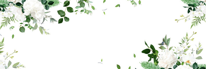 Classic white peony, hydrangea, magnolia and orchid flowers, eucalyptus, fern, salal, greenery, vector horizontal banner