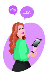 Business woman holding a tablet. The concept of remote work. Virtual personal account. Vector illustration.