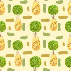 Watercolor seamless home pattern, house plant in cute pot, abstract element on yellow background.