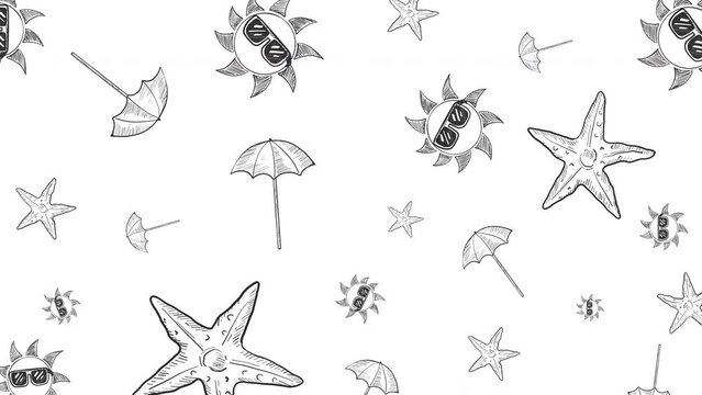 Animated Hand Drawn Sea Stars Sun and Beach Umbrella. Vintage Marine set pattern animation. Motion Sea Texture on White Background. Vacation, Holiday or Sea Concept Background. 4K Video 