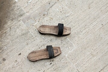 Clogs used in Turkish bath, black band clogs. Selected focus.