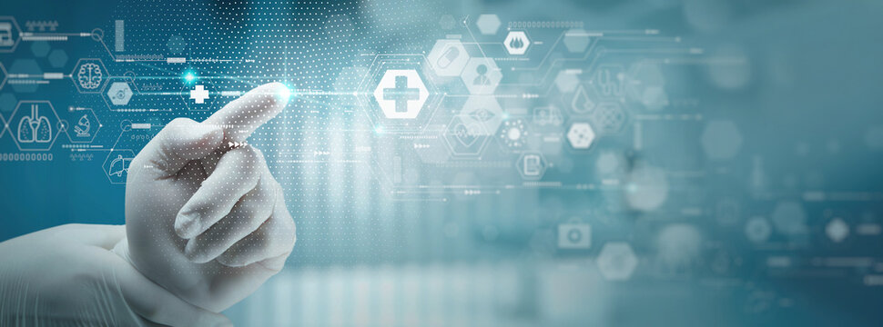 Health care and medical technology services concept with cinematography screen.Smart medical doctor hand working with operating room as concept