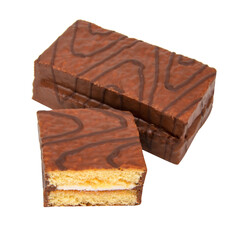Biscuit cake with cream filling glazed chocolate isolated on the white