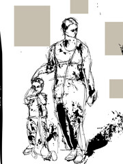 Mother and her child walking with a skooter