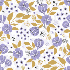 Vector seamless pattern with bold, little flowers and golden yellow leaves.