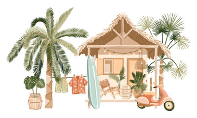 Tropical bungalow and palms vector illustration