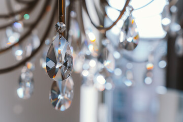 Noble and luxurious crystal chandelier light. Closeup crystal pendants of the chandelier, blur...