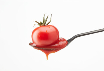 Red ketchup and tomato pouring into a spoon on a white background. Shallow depth of field