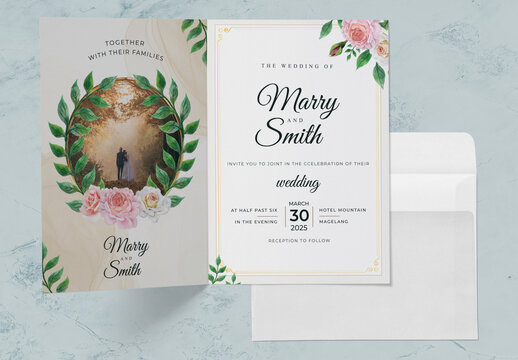 Wedding Invitation Set with Pink and Green Stylized Flowers