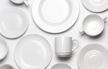 Set of white dishes on white background