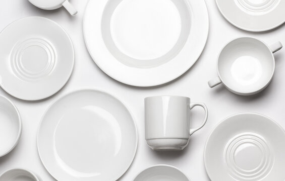 Set of white dishes on white background