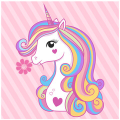 Cute unicorn head white Rainbow color vector illustration. Unicorn white vector head with mane and horn on pink background. © FoxBrother