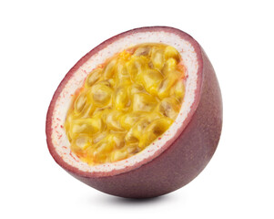 Passion fruit isolated. Ripe juicy half of passion fruit isolated on white background. Fresh fruits.