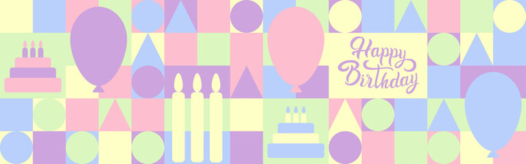 Birthday - a geometric background in pastel colors, a holiday of childhood, fun and joy. Trendy seamless pattern for textile or wallpaper, website cover.