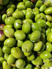 Raw organic green olives. Drawn to be done. Selected focus.