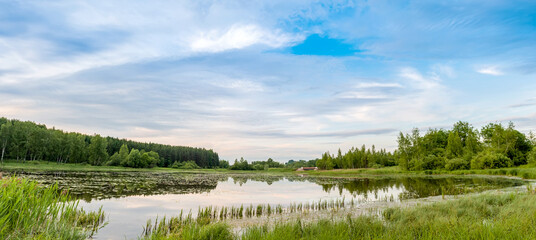 Summer landscape. Lake, forest and blue sky with beautiful clouds.