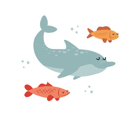 Hand drawn cute dolphin and fish, swimming together. Isolated vector illustration in flat cartoon style