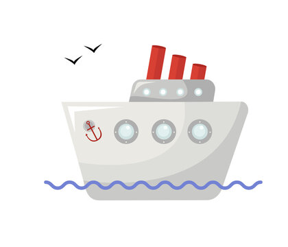 Cute hand drawn cruise ship in cartoon flat style. Isolated vector illustration