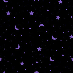 Seamless pattern with purple stars and moons. Seamless pattern for kids textile, cards, stationery, wrapping.