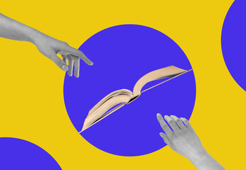 Modern collage with woman hands directing to book. Education, intellectual development, wisdom, enlightenment concept in blue and yellow colors. High quality photo
