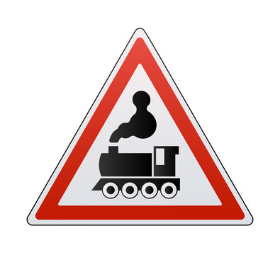 Railway train level crossing road sign. Vector illustration of warning for railroad crossing without barrier or gate. Red triangle traffic sign with train icon pictogram inside