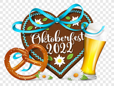 Oktoberfest 2022 gingerbread heart with beer glass and pretzel. Vector symbol isolated on transparent backrgound. German language