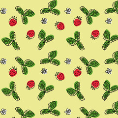 Cute seamless pattern of strawberry berries with leaves and flowers on a yellow background. Pattern for textilesm wrappers, paper, food, packages, tea