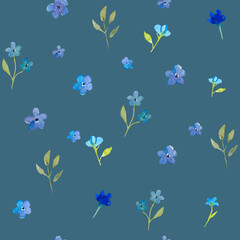 Fototapeta na wymiar Set of watercolor flower collection design elements, forget-me-not flowers, leaves, branches, blue and blue botanical illustration flowers, isolated on transparent background, template