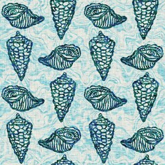 Aegean Teal seashell nautical sealife seamless pattern. Grunge distress faded linen effect background for marine home decor fabric textiles. 
