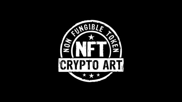 NFT crypto art stamp and stamping impact isolated animation. Non fungible token of unique collectibles, blockchain and artwork selling technology 3D rendered concept. Alpha matte channel.