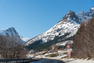 Panorama view of Sildpollen bay  in Austnesfjorden, Lofoten arcipelago, Norway.