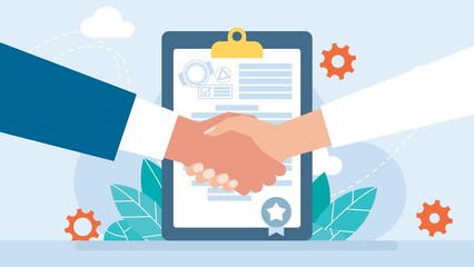 Concluding an agreement. The handshake is a sign of support, cooperation, consent. Diplomacy as a solution to the conflict. Signing the contract. Man and women shake hands. 2D flat business animation	