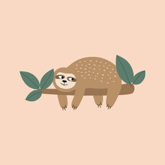 Lazy sloth on a branch hand drawn vector illustration. Isolated exotic animal for logo or icon. Funny baby character in flat style.
