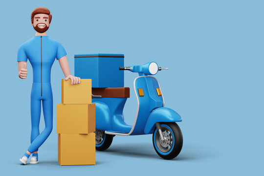 Delivery man with parcel box and a motorcycle, 3d rendering