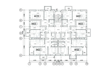 Multistory building detailed architectural technical drawing, vector blueprint floor layout