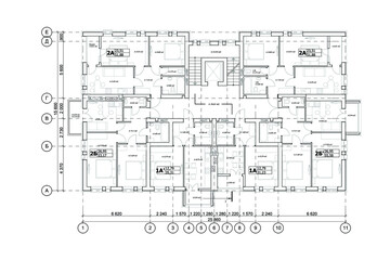Multistory building detailed architectural technical drawing, vector blueprint floor layout