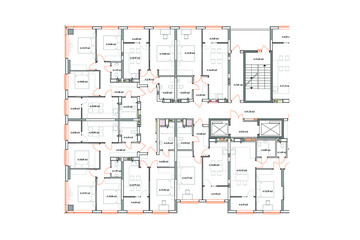 Multistory building detailed architectural technical drawing, vector blueprint floor layout